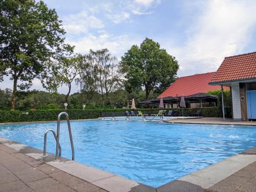 a large swimming pool with blue water at Sfeervol chaletje in een rustige bosrijke omgeving in Diessen