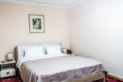 a white bedroom with a large bed with white pillows at Star Rent Hotel in Chişinău