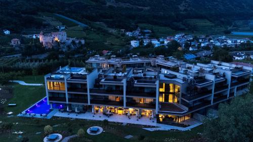 an aerial view of a large house at Boutique Hotel AMARIL in Castelbello-ciardes