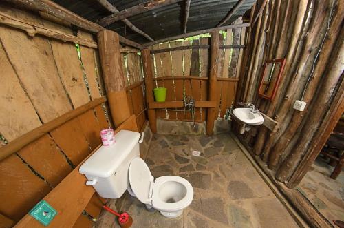 a bathroom with a toilet and a sink at Dave the Cave Eco Lodge and Cultural Campsite in Rubirizi