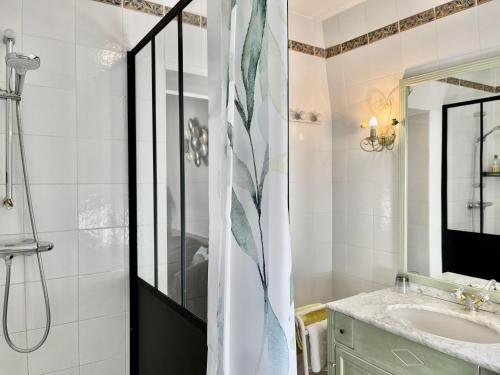 uma casa de banho com um chuveiro e um lavatório. em Le Clos des Princes em Châtenay-Malabry