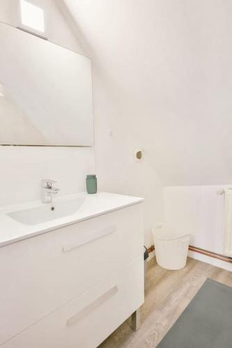 une salle de bain blanche avec un lavabo et un miroir dans l'établissement Le Bel-Air AVALLON, à Avallon