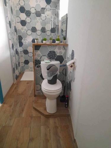 a bathroom with a toilet in the corner of a room at Ferme de kervoas 14personnes in Lézardrieux