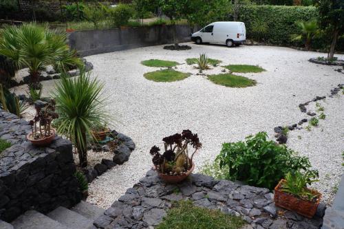 een oprit met planten en een wit busje in een tuin bij Rosso Vulcano in Nicolosi