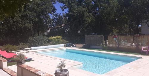 een zwembad in een tuin naast een hek bij GITE LES MINOUX in Saint-Julien-de-Cassagnas