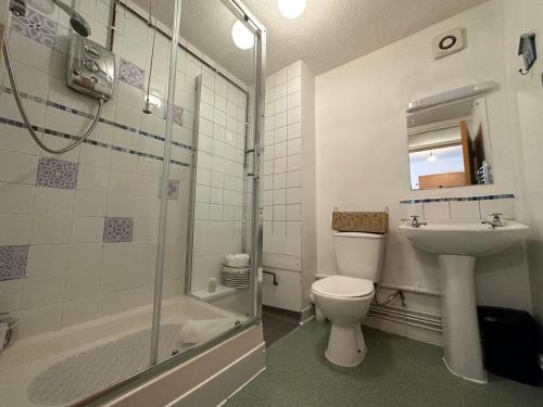 uma casa de banho com um WC, um lavatório e um chuveiro em Station Court em Swansea