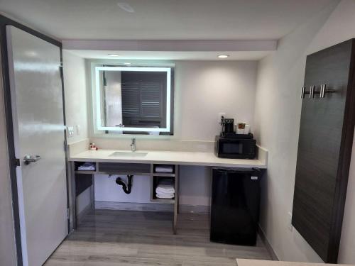 a bathroom with a sink and a mirror and a shower at Travelodge Inn & Suites by Wyndham Fullerton in Fullerton