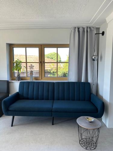 a blue couch in a living room with windows at WPA Apartments - Zimmer- Modernes Apartment mit Parkplatz,WiFi,Netflix in Moosthenning
