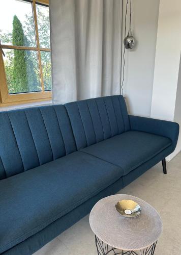 a blue couch in a living room with a table at WPA Apartments - Zimmer- Modernes Apartment mit Parkplatz,WiFi,Netflix in Moosthenning