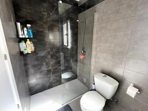 a small bathroom with a toilet and a shower at Málaga casa grande familiar in Málaga