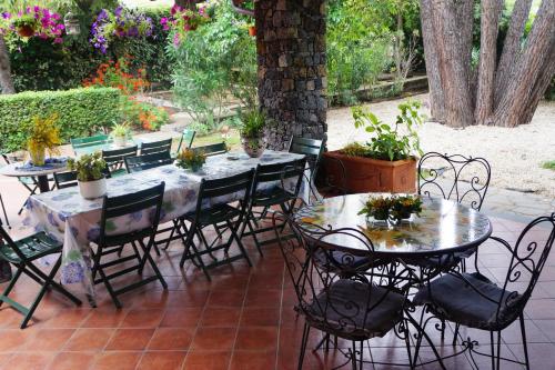 een patio met tafels en stoelen en potplanten bij Rosso Vulcano in Nicolosi