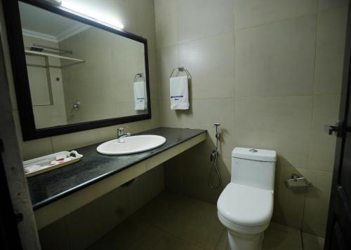 a bathroom with a sink and a toilet and a mirror at Hotel Maharani in Pala