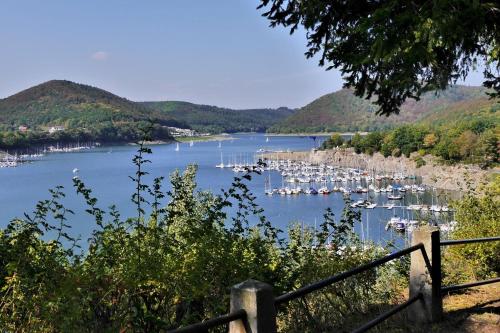 a view of a harbor with boats in the water at Appartement Gänseblümchen in Willingen