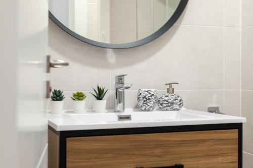 w łazience znajduje się umywalka z lustrem i roślinami w obiekcie Nordik Apartments Urban - Centro "Oslo" w Maladze