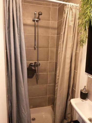 une salle de bain avec une douche avec un rideau de douche dans l'établissement les tuilieres, à Limoges