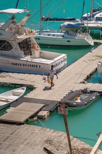 a man is standing next to a boat at a marina at Beachfront Luxurious Stunning Sunset Boulevard Apartment, Grand Baie in Grand Baie