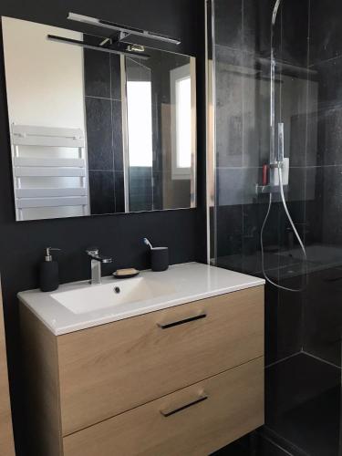 une salle de bain avec un lavabo et un miroir dans l'établissement Superbe appartement proche Bordeaux pied du tram, à Lormont