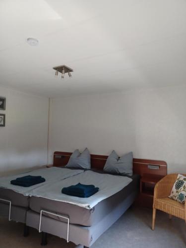 a bedroom with a bed with blue pillows on it at Pak oe rust, bij stacaravan Busscher in Geesteren