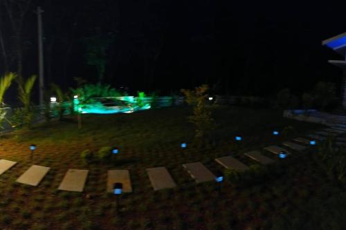 vista su un cortile di notte con luci di Family Cottage at Merlys Fruit Garden, Thattekkad a Kotamangalam
