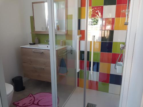 La salle de bains est pourvue d'une douche et d'un mur coloré. dans l'établissement la chambre du chemin, à Plouha