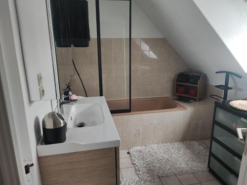 La salle de bains est pourvue d'un lavabo et d'une baignoire. dans l'établissement Chambre chez l'habitant, à Châteaubriant