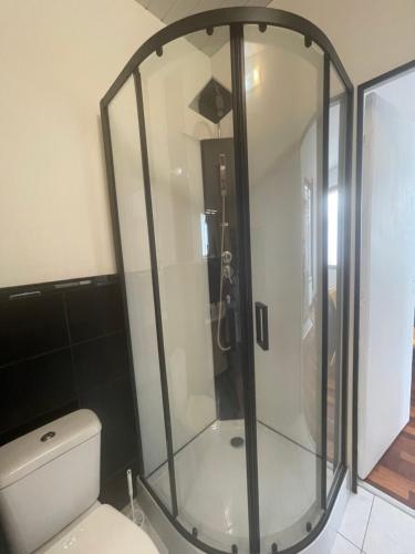 una ducha de cristal en un baño con inodoro en Appartement 35 m2 1er étage 200 m de la mer avec jardin, en Luc-sur-Mer