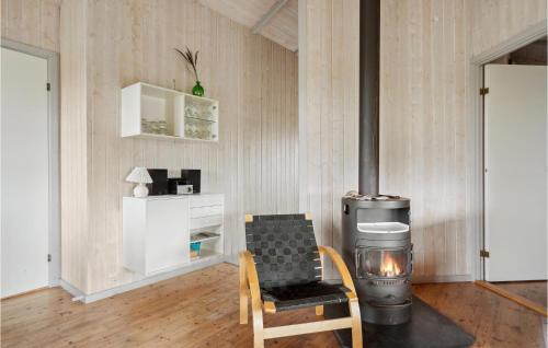 a living room with a wood stove and a chair at Awesome Home In Hvide Sande With 4 Bedrooms And Sauna in Havrvig