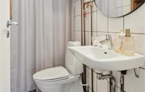La salle de bains est pourvue d'un lavabo, de toilettes et d'un miroir. dans l'établissement 3 Bedroom Stunning Home In Skibby, à Skibby