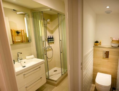 uma casa de banho com um chuveiro, um lavatório e um WC. em Sweet'Issy - Balcon - Parking - Climatisation - WIFI - MyBestLoc em Issy-les-Moulineaux