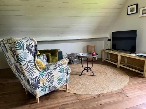 a living room with a chair and a table at Lodge De Zandbalk in Sebaldeburen