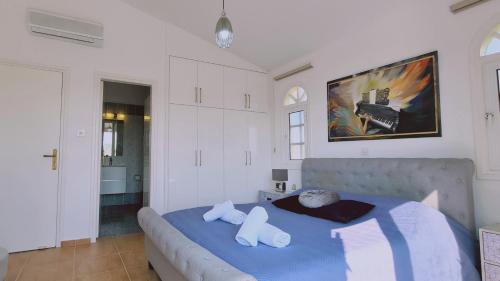 um quarto com uma cama com duas almofadas em STAY Calypso Villa em Pegeia ou Pegya