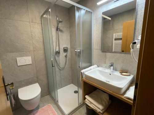 La salle de bains est pourvue d'une douche, d'un lavabo et de toilettes. dans l'établissement Da Kathi, à San Candido