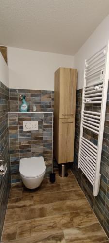 a bathroom with a white toilet in a room at La Reine-des-prés in Vernamiège