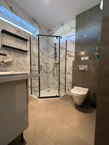 a bathroom with a shower and a toilet at Apartament Wypoczynek Nowoczesna Malta Parking GoldAir in Poznań