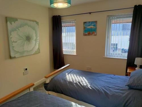 a bedroom with a bed and two windows at Droitwich Spa centre apartment in Droitwich