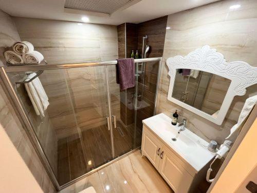 a bathroom with a shower and a sink and a mirror at Assos Longevity Hotel in Sokakagzi