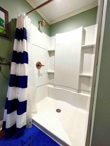 a bathroom with a shower with a blue and white shower curtain at The Spotted Tail in Hackberry