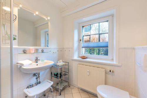 a bathroom with a sink and a toilet and a window at Reethus WE 3, Blaumuschel in Borgsum