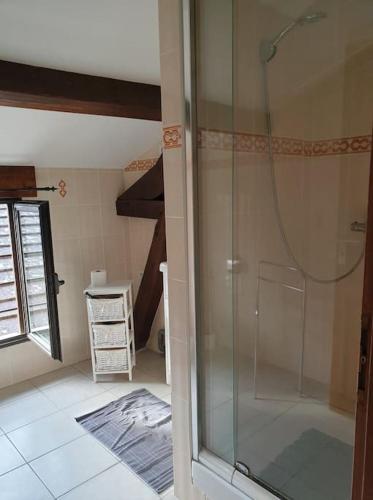 une salle de bain avec une douche avec une porte vitrée dans l'établissement l'escapade, à Gasny