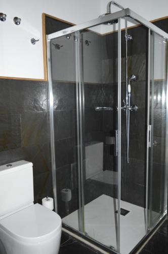 a bathroom with a glass shower with a toilet at Las Abadías in San Felices