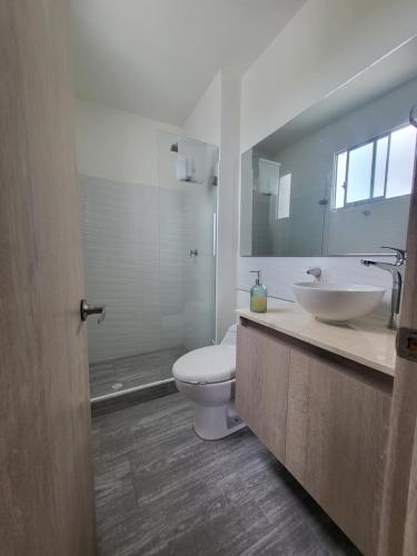 W łazience znajduje się toaleta, umywalka i lustro. w obiekcie Peaceful & Modern Apartment w mieście Cartagena de Indias