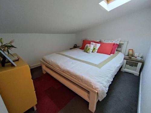 une chambre avec un grand lit avec des oreillers rouges dans l'établissement Appartement agréable quartier des Grands Hommes, à Bordeaux