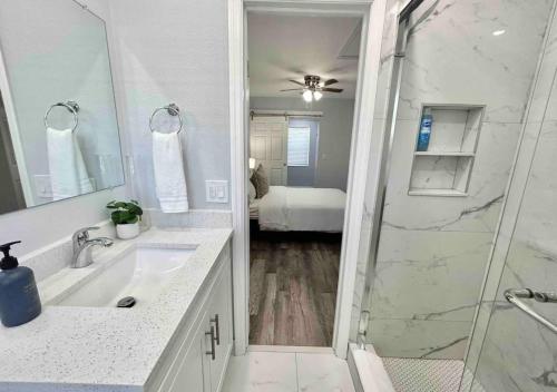 uma casa de banho com um chuveiro, um lavatório e um espelho. em Downtown West Palm Apartment Near Airport em West Palm Beach