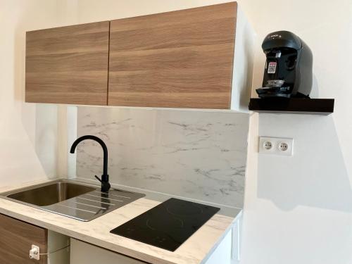 een kleine keuken met een wastafel en een koffiezetapparaat bij L’oasis urbaine - Charmant studio proche de Paris in Alfortville