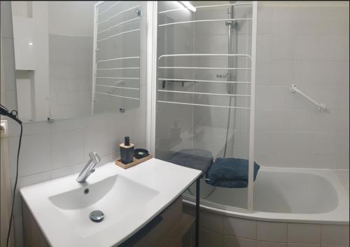 uma casa de banho branca com um lavatório e um chuveiro em Vue Imprenable-Studio-Montauban em Montauban