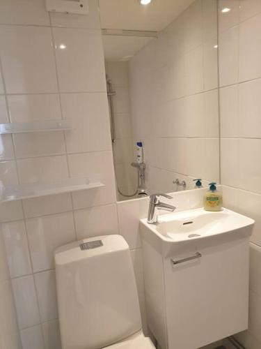 biała łazienka z toaletą i umywalką w obiekcie Stad och strand i Höganäs w mieście Höganäs