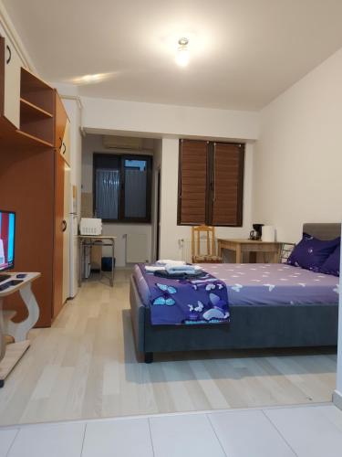 a bedroom with a bed and a desk and a television at Bya Concept in Iaşi