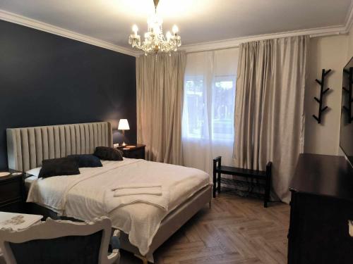 a bedroom with a large bed and a chandelier at Luxury Airport Retreat in Cluj-Napoca