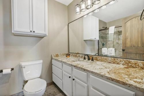 a bathroom with a toilet and a sink and a mirror at Table Rock Resorts at Indian Point in Branson