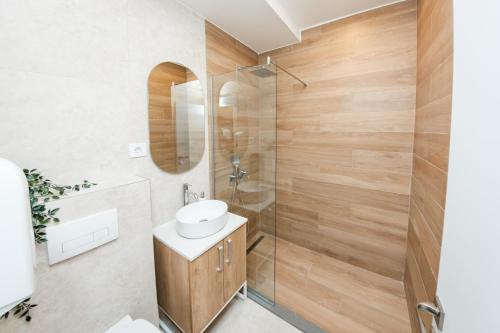 a bathroom with a sink and a shower at SINFONIA LUX in Belgrade